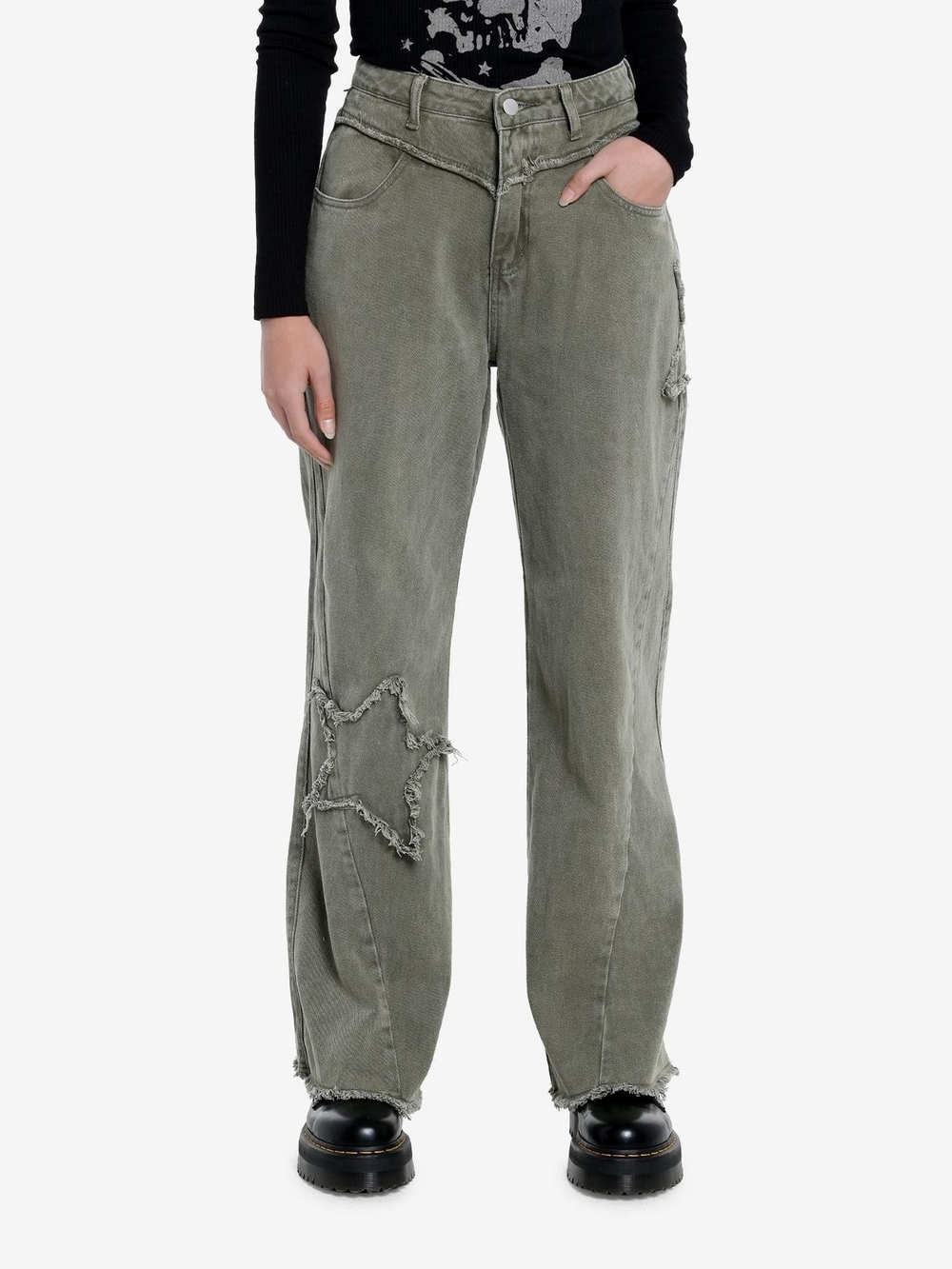 Hot Topic Olive Green Boyfriend Jeans with Frayed Star Patches